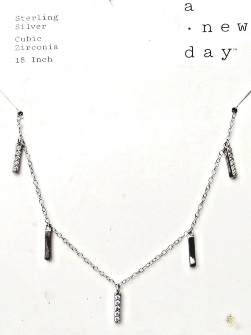 Vintage "a new day" Brand Sterling Silver 5 Cubic Zirconia Bar Pendants Necklace